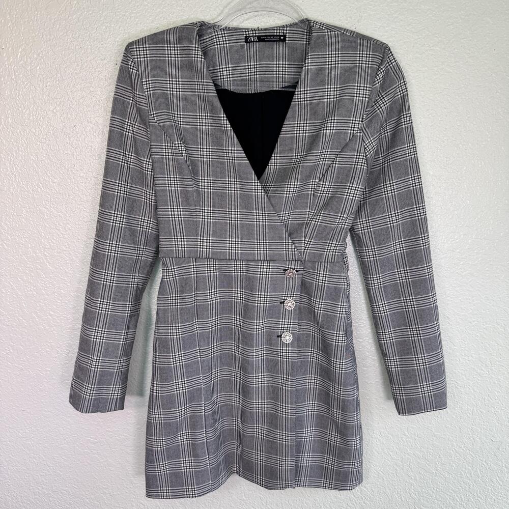Zara Dress Women XS Plaid Faux Wrap Long Sleeve Mini Workwear Office Preppy Chic